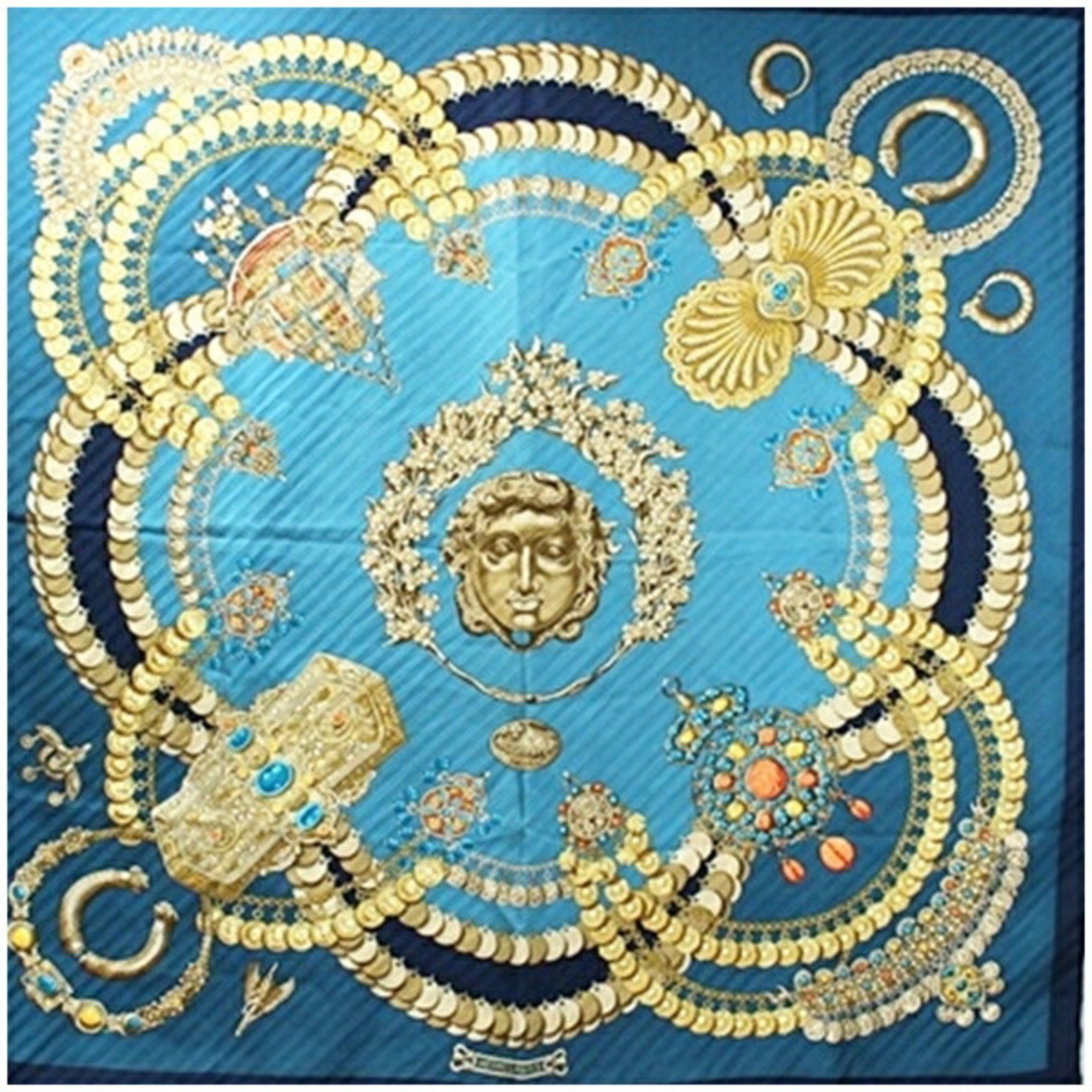 image of Hermes Pleated Silk Scarf Muffler Carre 90 "kosmima" Space Blue Hermes Women's