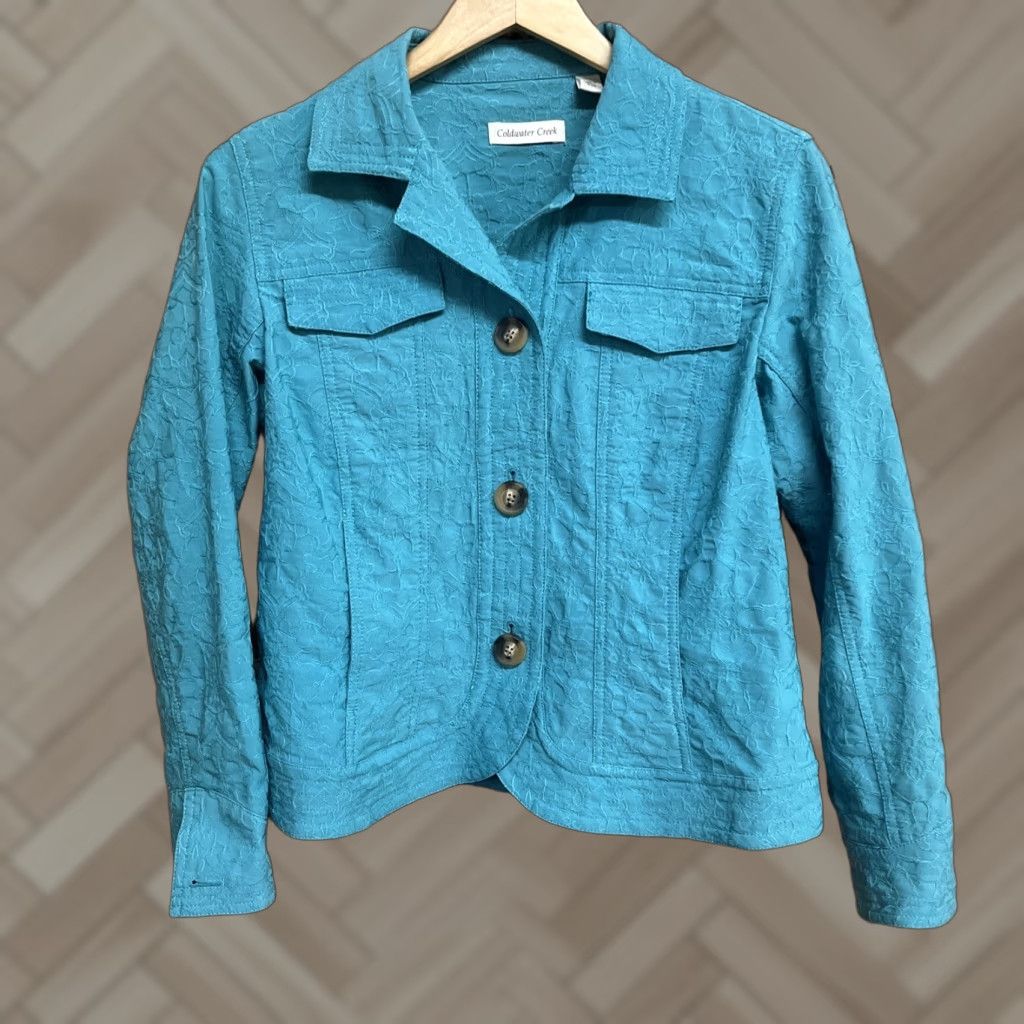 Coldwater Creek Coldwater Creek Jacket 3/4 Sleeve Blue Floral Cotton Blend Petite 10P Womens Blazer Coat Everyday Casual Size L / US 10 / IT 46 - 1 Thumbnail