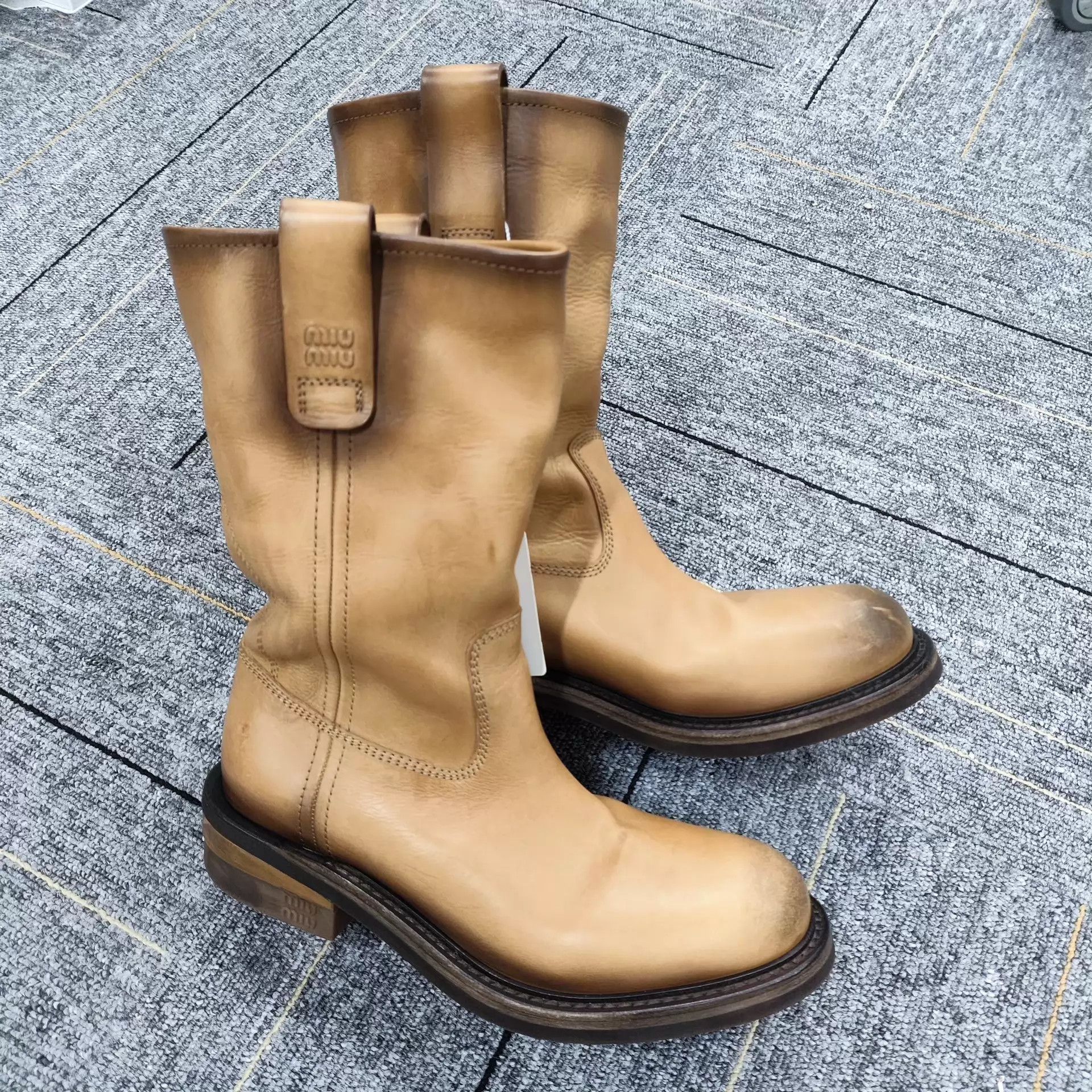 Miu Miu Miumiu26SS L.Brown Distressed Leather Western Boot Low Heel Size US 5.5 / IT 35.5 - 1 Thumbnail