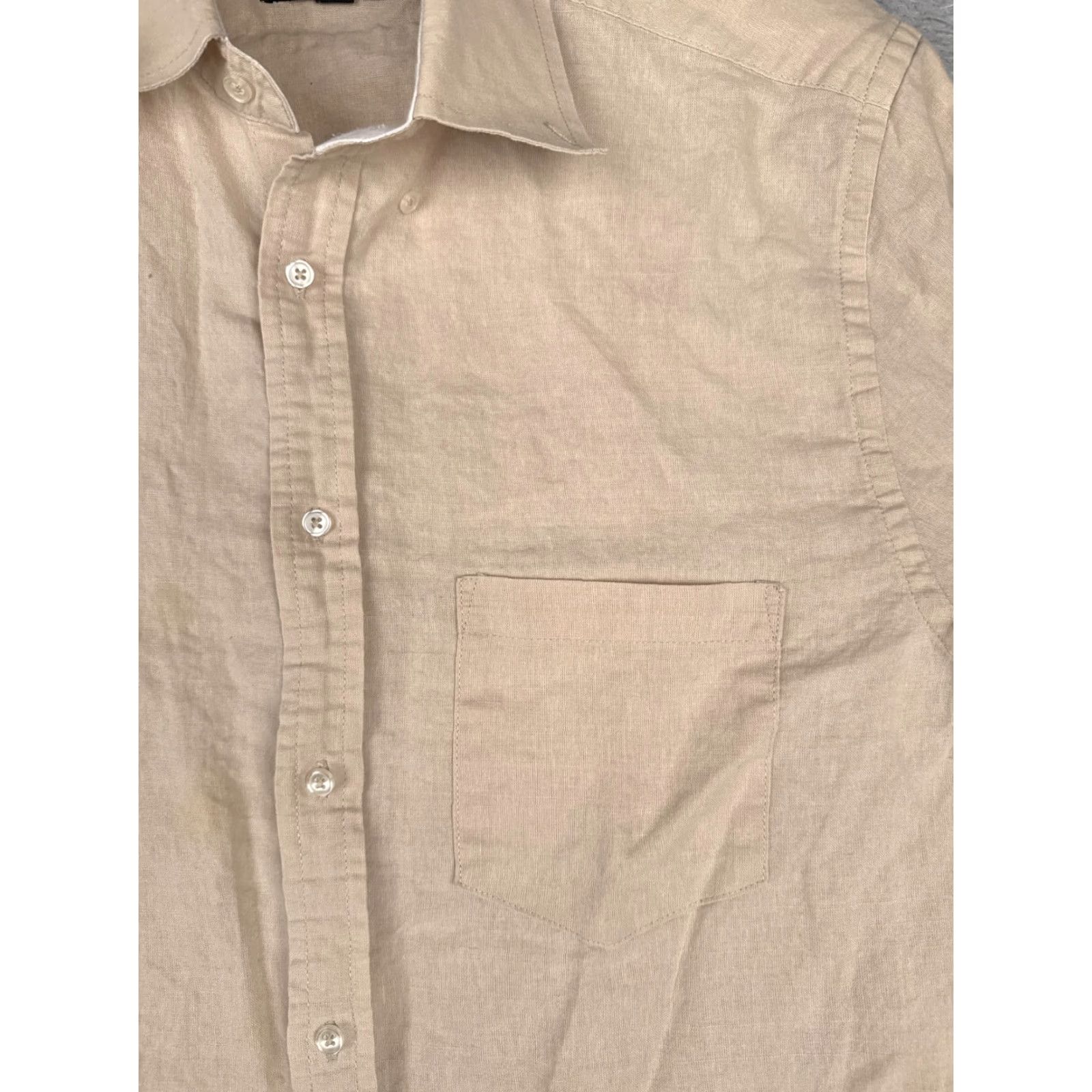 Vintage August Silk Button-Up Shirt Men Medium Beige 100% Cotton Long Sleeve Pockets Casual Workwear All Seasons Fall Spring Summer Winter (M) Mens Size US M / EU 48-50 / 2 - 6 Thumbnail
