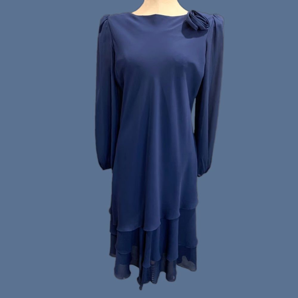 Vintage VINTAGE After Dark Navy Blue Dress Shoulder Pads Rosette Medium M Women Dress Long Blue Rosette 44" Shoulder to Hem Mens? Women? Size M / US 6-8 / IT 42-44 - 1 Thumbnail