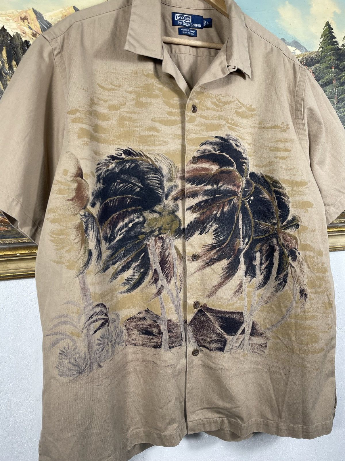Polo Ralph Lauren × Ralph Lauren × Vintage Polo Ralph Lauren Biege Plam Tree Camp Vintage 90s Shirts Size US L / EU 52-54 / 3 - 6 Thumbnail