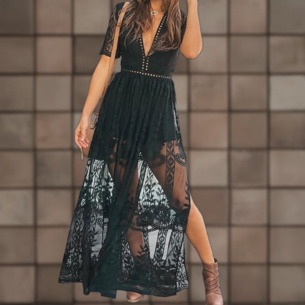 Eleter Womens Black Deep V-Neck Lace Romper Short Sleeve Long Dress-Size S