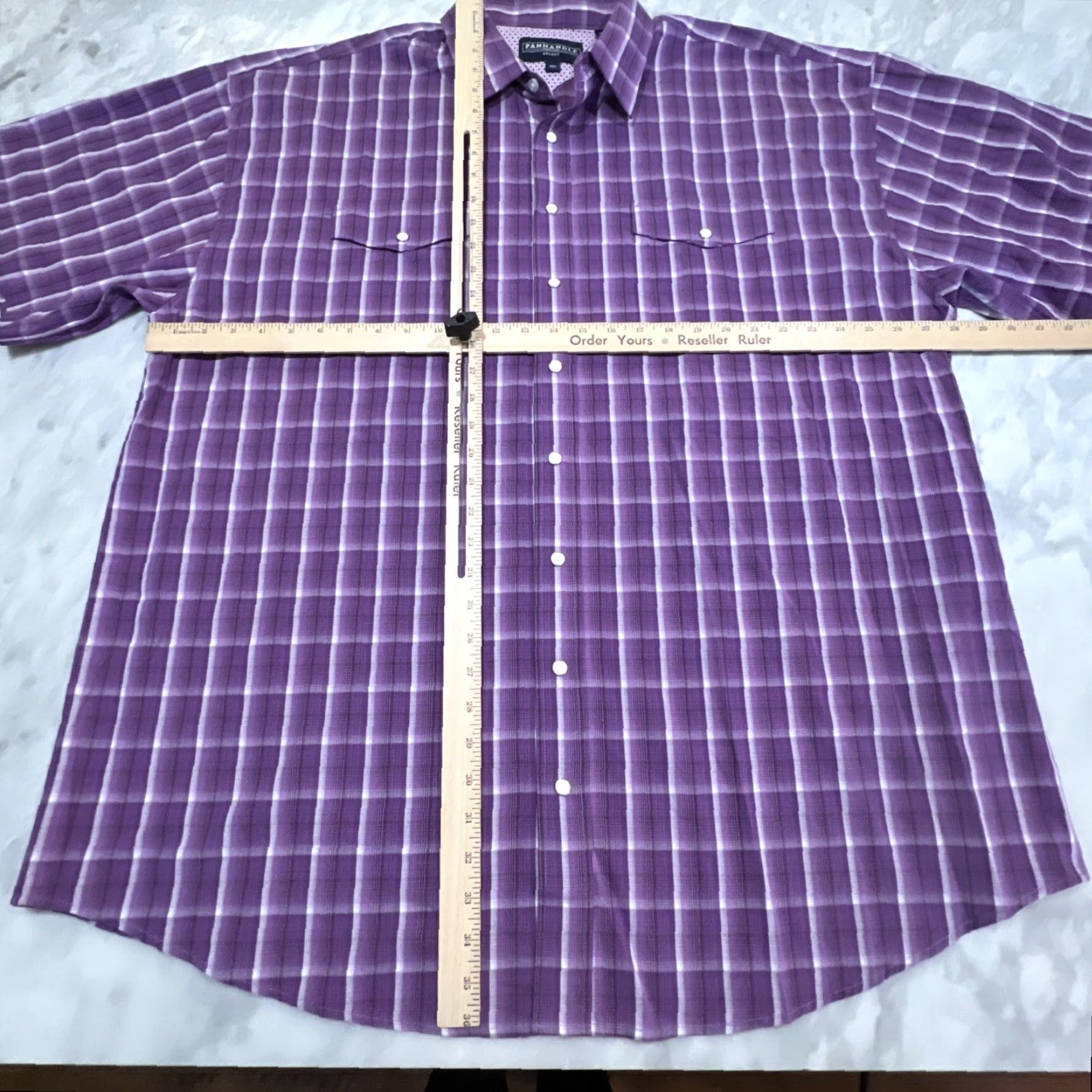 Vintage Panhandle Select Men's 2XL Short Sleeve Pearl Snap Plaid Western Shirt Purple Woven Cotton Size US XXL / EU 58 / 5 - 7 Thumbnail