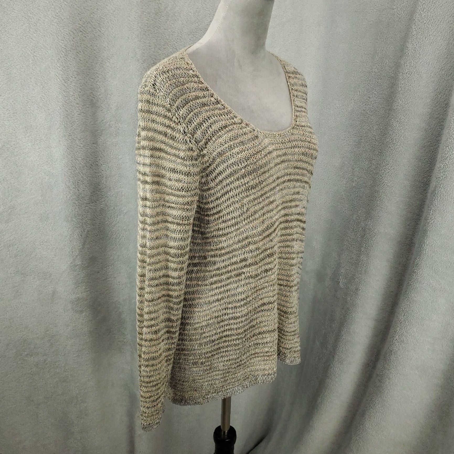 Eileen Fisher EILEEN FISHER Sweater Womens Large Beige Striped Open Knit Pullover V-Neck Lightweight Bohemian Classic Size L / US 10 / IT 46 - 7 Thumbnail