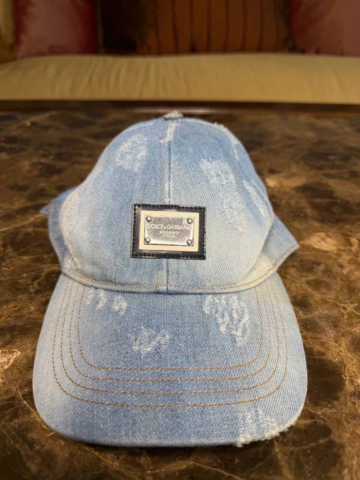 Dolce & Gabbana Silver Logo Plate Denim Distressed Hat Size ONE SIZE - 3 Thumbnail