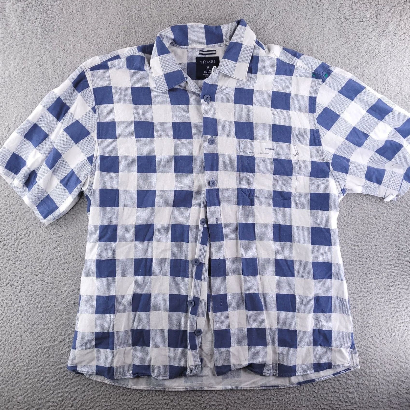 Vintage Trust Shirt XL Blue Linen Short Sleeve Button Windowpane Check Mens Size US XL / EU 56 / 4 - 2 Thumbnail
