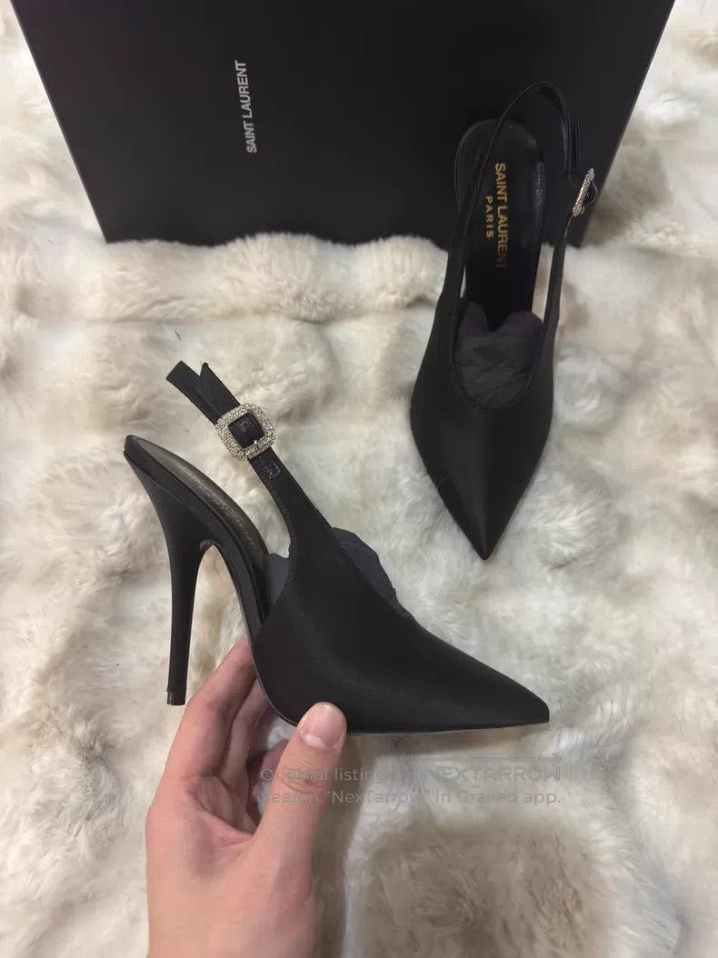 Saint Laurent Paris Saint Laurent Paris Black Satin Crystal Rhinestone High He Size US 6.5 / IT 36.5 - 2 Thumbnail