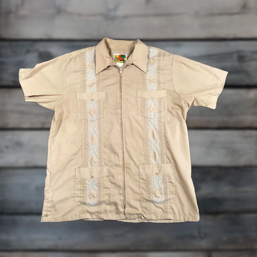 Haband VINTAGE Haband Guayabera Pleated Pocket Zip Up Shirt Adult XL Beige Cotton Blend Cuban Mafia Size US XL / EU 56 / 4 - 1 Thumbnail