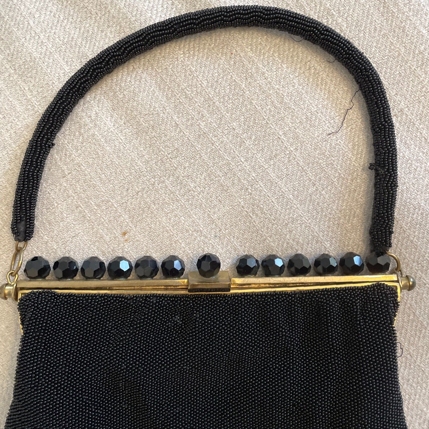 Vintage VINTAGE Black Beaded Evening Bag Handle Small Crystal Brass Handmade in France Women Evening Bag France Crystal Beaded Bag Womens Size ONE SIZE - 3 Thumbnail