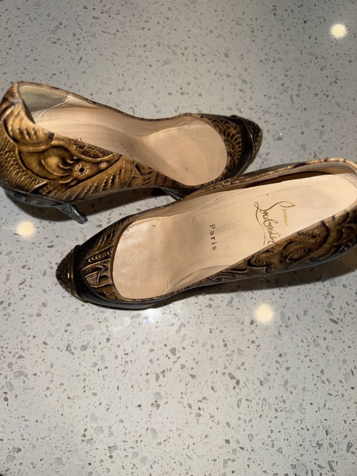 Christian Louboutin Luxurious Gold Embossed Platform Heels w/ Signature Red Sole Size US 7.5 / IT 37.5 - 10 Thumbnail