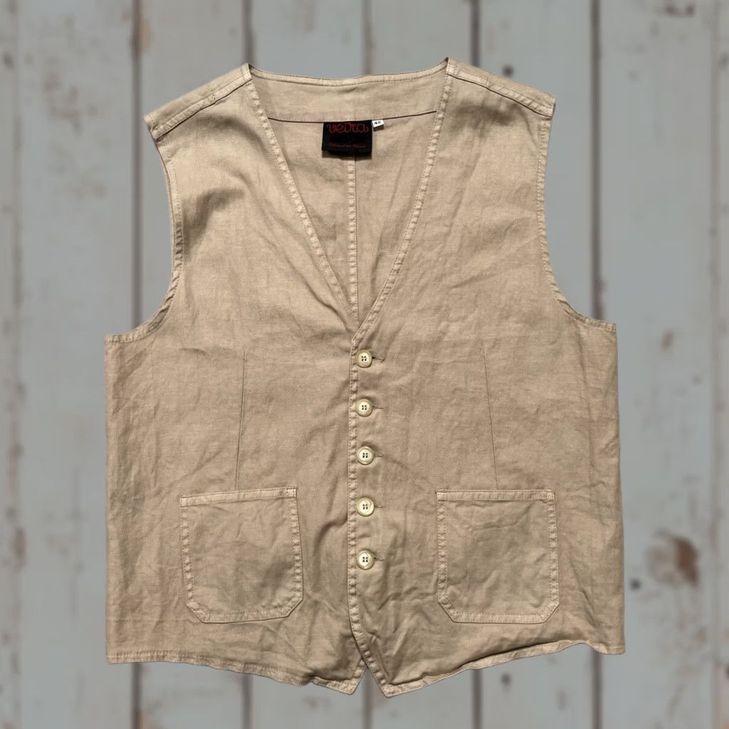 Vetra Vetra Vest Unisex Adults 42 Beige Twill Linen Blend Cinch Back Workwear France 50s Vintage Designer - Size US XS / EU 42 / 0 - 1 Thumbnail