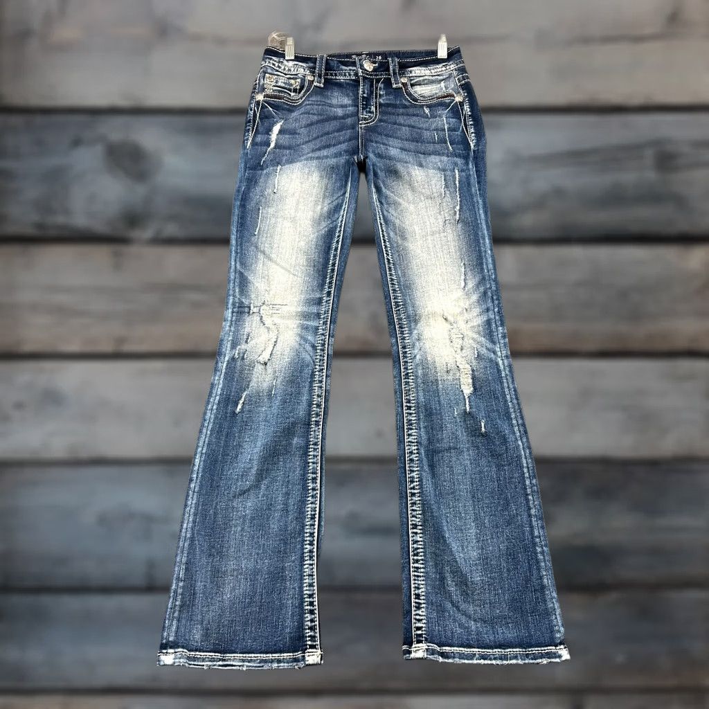 Miss Me Miss Me Jeans Womens 26 Blue Mid Rise Bootcut Medium Wash Bling Rhinestone Sequin Embroidered Buffalo Rock Western Jeans Size 26" / US 2 / IT 38 - 1 Thumbnail