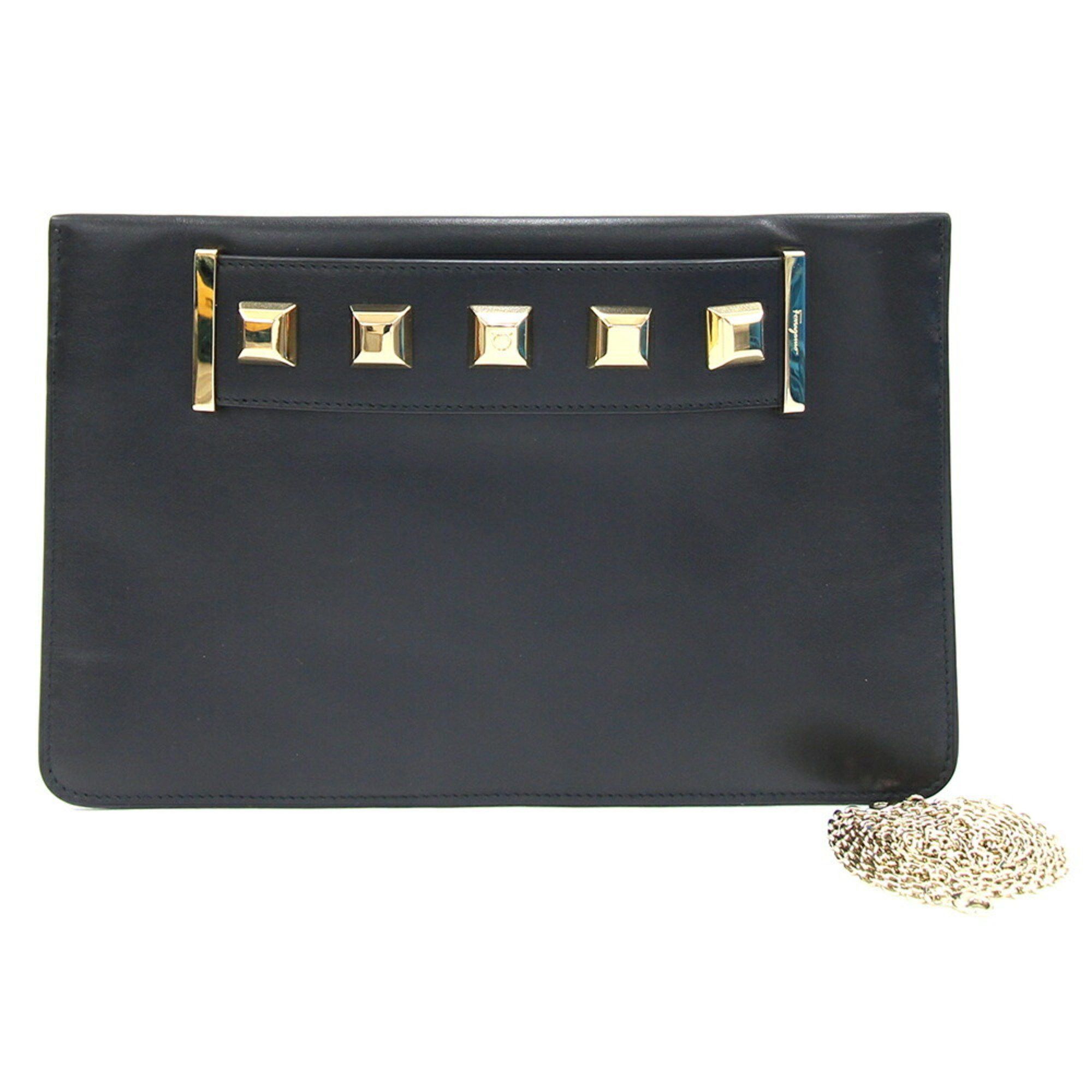Salvatore Ferragamo Shoulder Bag Chain JL22 D777 Black Leather Clutch Studs Women's