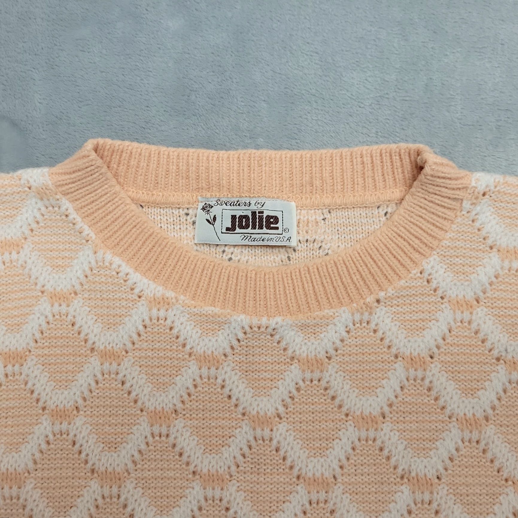Vintage VTG Jolie Womens 22W Peach White Knit Geometric Pullover Crew Neck Long Sleeve Casual Made in USA Mens? No. Size 3XL / US 20-22 - 3 Thumbnail