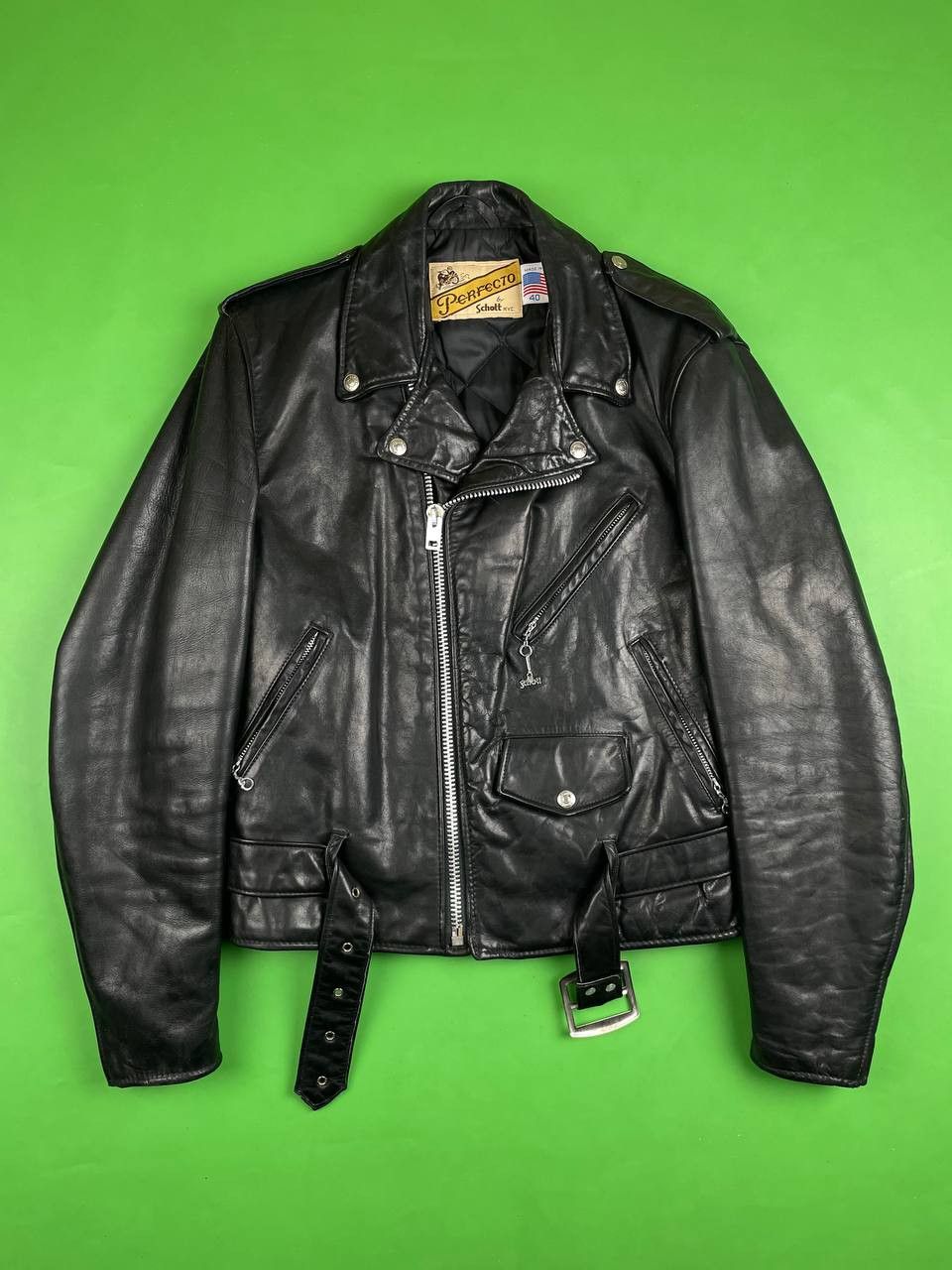 image of Perfecto By Schott Biker Leather Jacket Made In Usa in Black, Men's (Size Small)