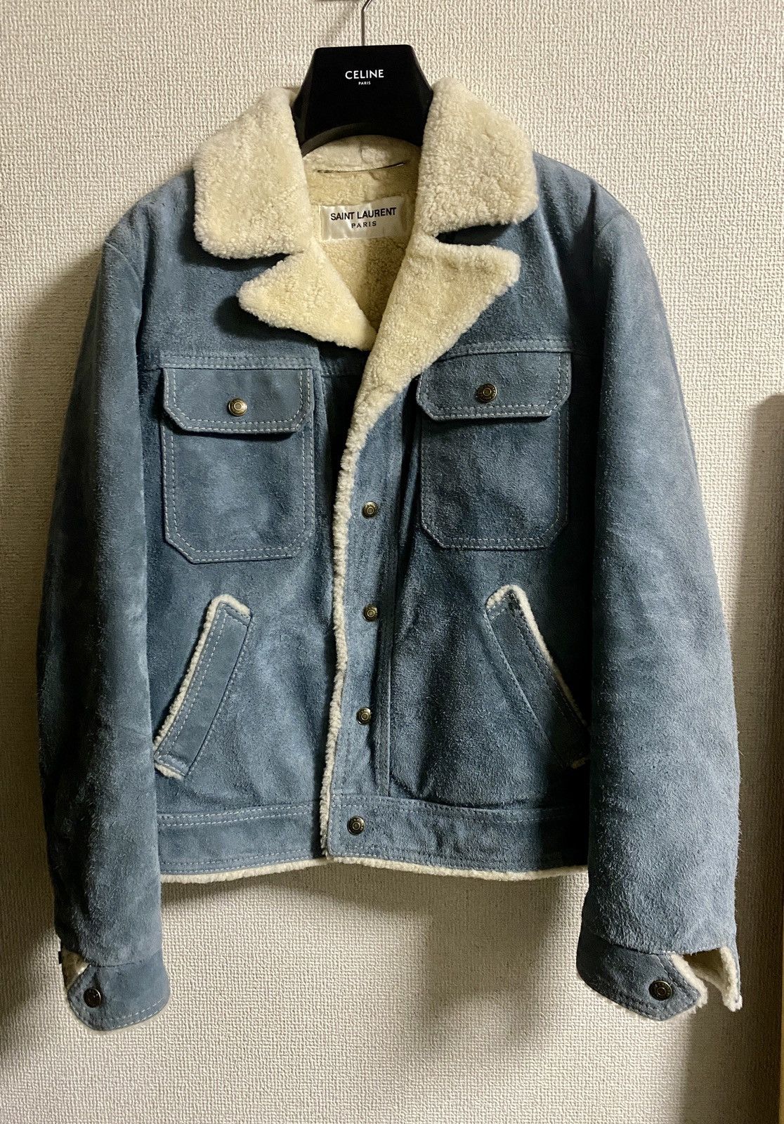 image of Saint Laurent Paris Suede Shearling Jacket 46 in Blue Gray, Men's (Size Small)
