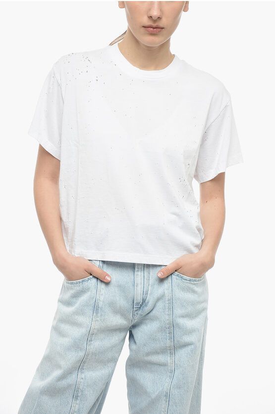 image of Amiri Distressed Effect Solid Color Slash Crew-Neck T-Shirt in White, Women's (Size XS)