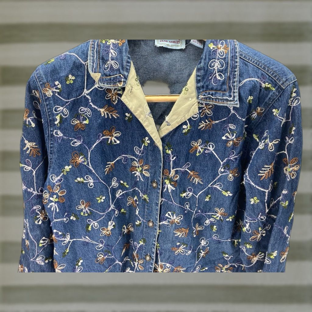 Denime VINTAGE Jane Ashley Denim Shirt Jacket Women Medium Blue Embroidered Long Sleeve Shirt Mens Womens Boys Girls Size M / US 6-8 / IT 42-44 - 1 Thumbnail
