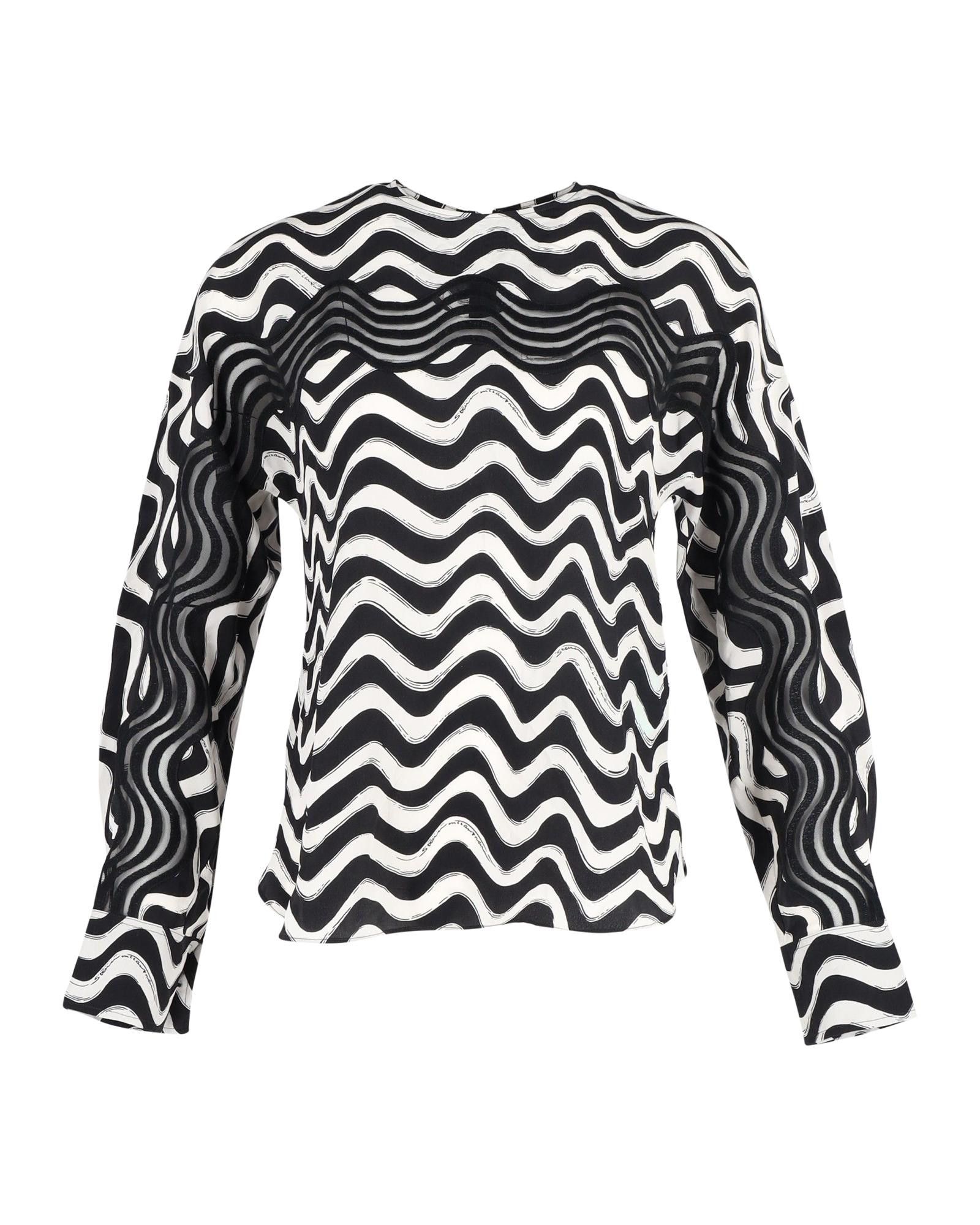image of Stella Mccartney Wave-Print Long-Sleeve Silk Blouse in Black, Women's (Size XS)