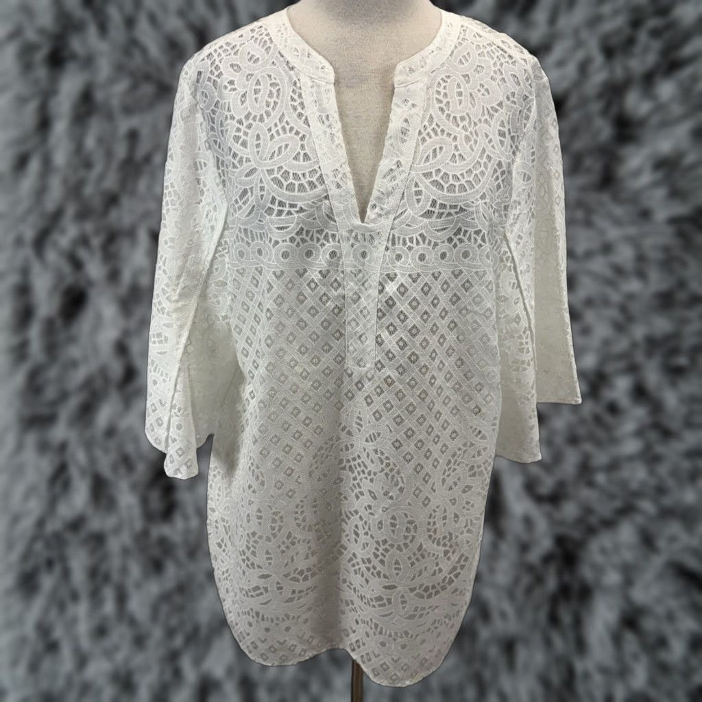 Vintage Chicos Lace Tunic Top Shirt XL Ivory 3/4 Sleeve Semi Sheer Casual Womens Size XL / US 12-14 / IT 48-50 - 1 Thumbnail