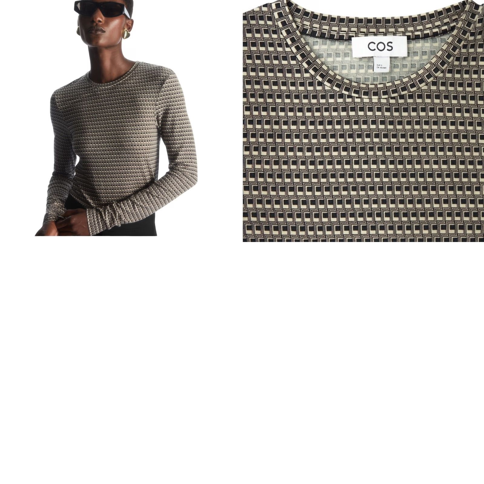 Cos VINTAGE Cos Second Skin Long Sleeve Top Black and Cream Geo Grid Print XS Women T-Shirt Geometric Long Sleeve Slim Fit Lyocell and elastane Mens? Size XS / US 0-2 / IT 36-38 - 8 Thumbnail