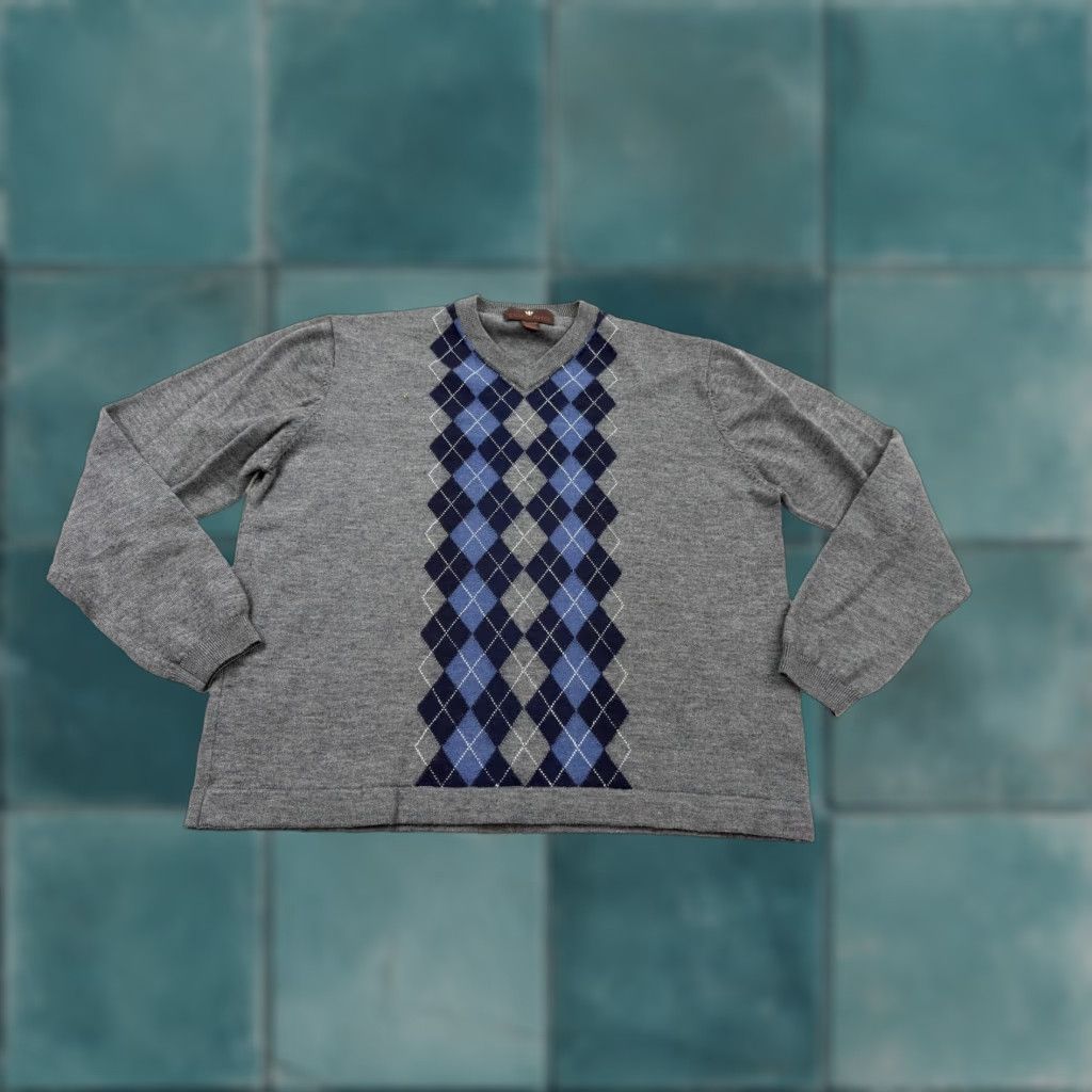 Vintage Toscano Sweater Mens Large Gray Blue Argyle Merino Wool Blend Pullover Knit V-Neck Lightweight All Seasons MENS Size US L / EU 52-54 / 3 - 1 Thumbnail