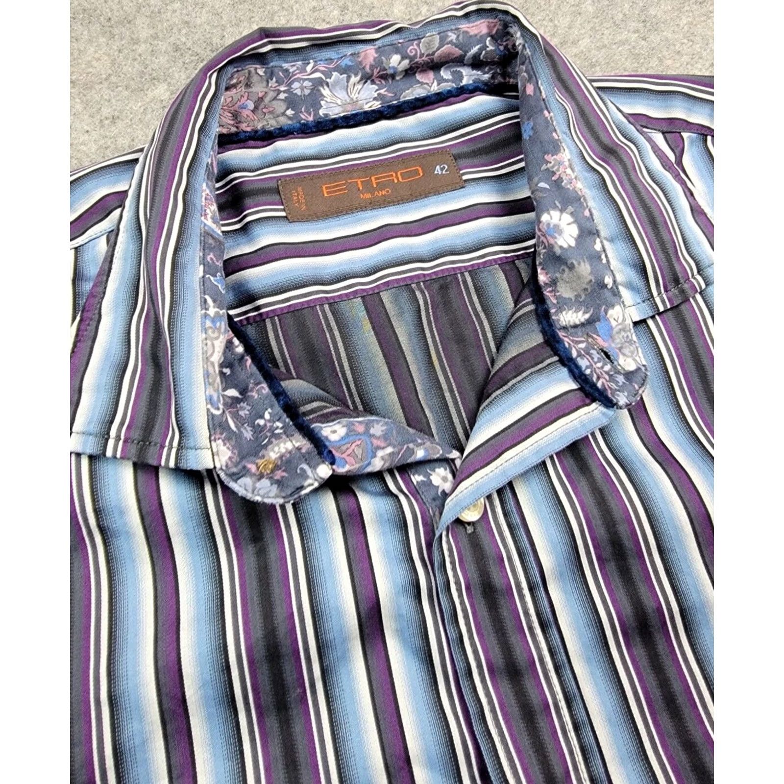 Etro Etro Milano Shirt Mens 42 Blue Purple Stripe Button Down Made in Italy Shirt Button-Up Casual Career Modern Designer Mens Size US XL / EU 56 / 4 - 3 Thumbnail