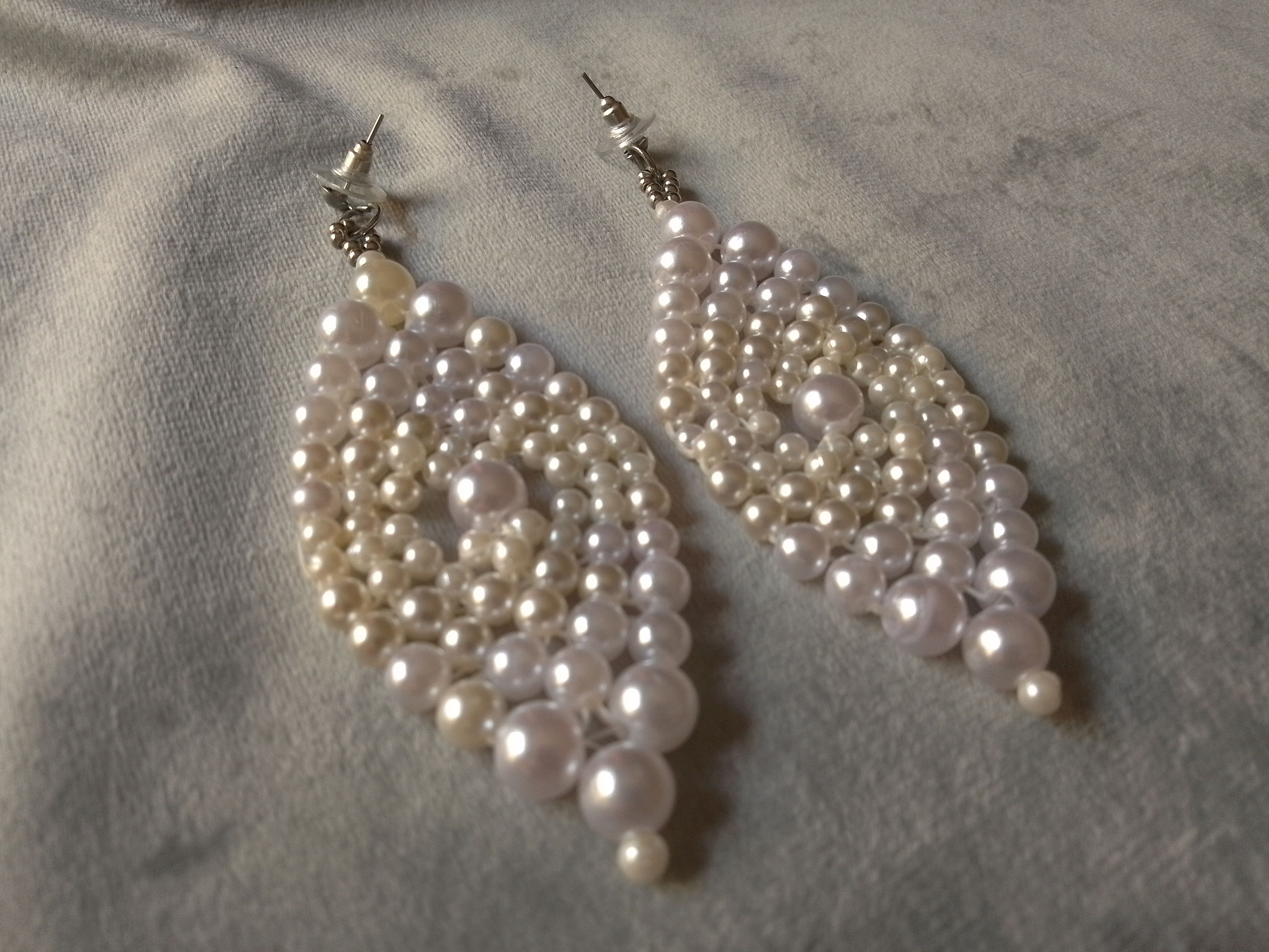 Handmade Earrings Pearls White Elegant Long Embroidered Size ONE SIZE - 2 Thumbnail