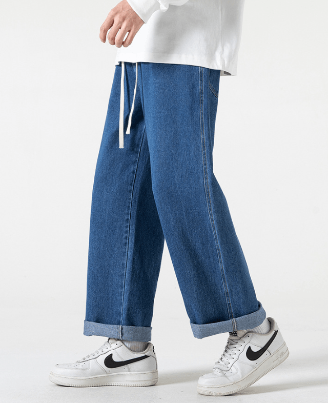 Japanese Brand Dark blue washed distressed straight drawstring jeans Size US 32 / EU 48 - 3 Thumbnail