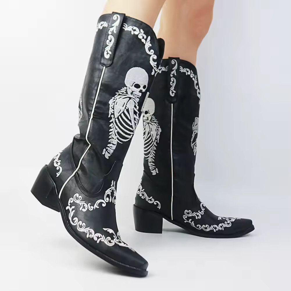 Vintage Gothic Punk Embroidered Skeleton Pattern Heel Boots Size US 9 / IT 39 - 2 Thumbnail