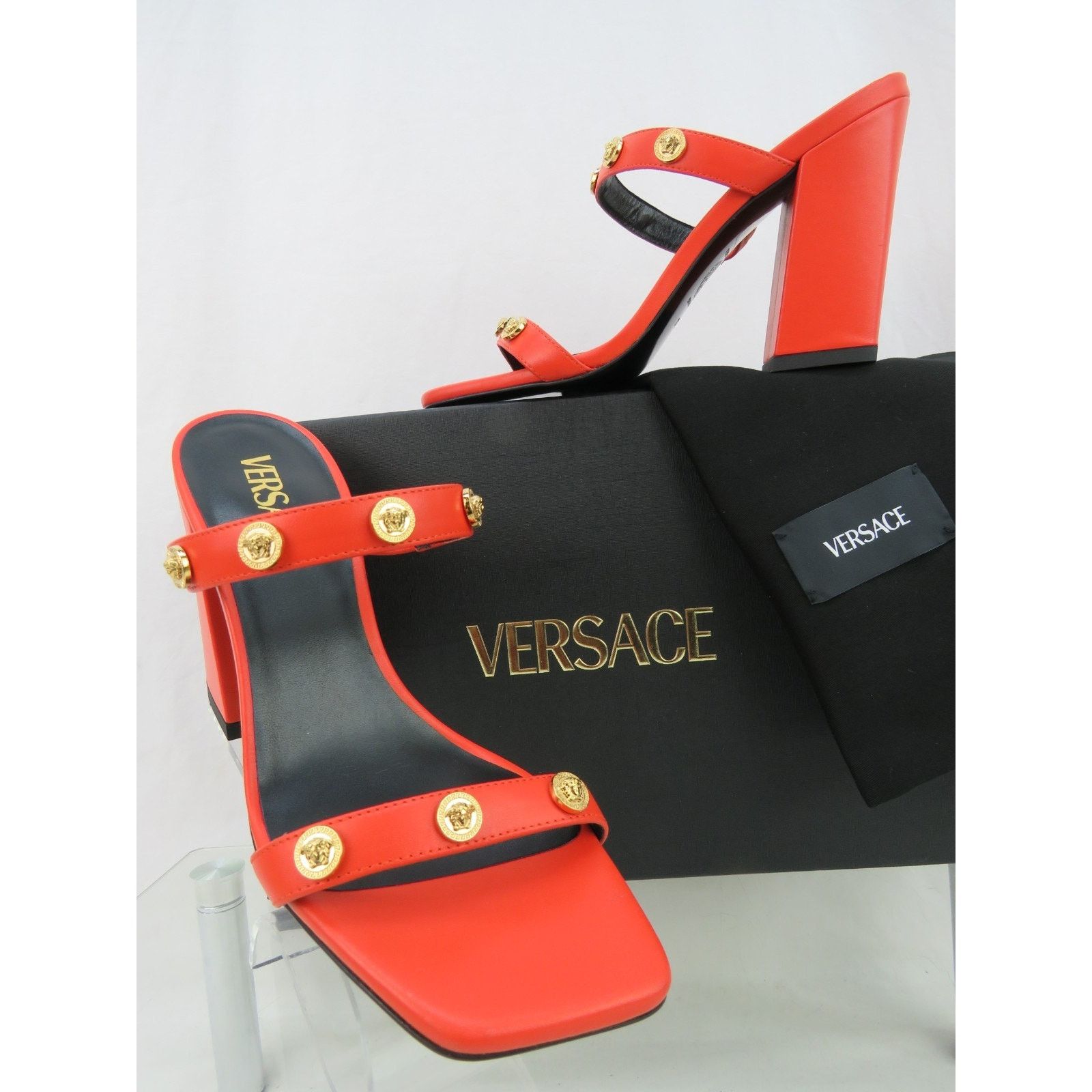 Versace VERSACE ORANGE LEATHER MEDUSA LOGO STUDS SANDALS PUMPS 37 7 Size US 7 / IT 37 - 1 Thumbnail