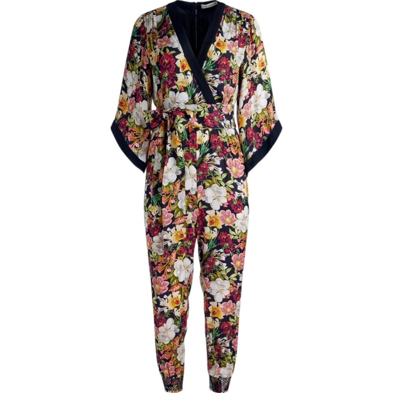 Alice + Olivia Alice + Oliva Walda Black Floral-Print Satin Jumpsuit, US0 Size 26" / US 2 / IT 38 - 8 Thumbnail