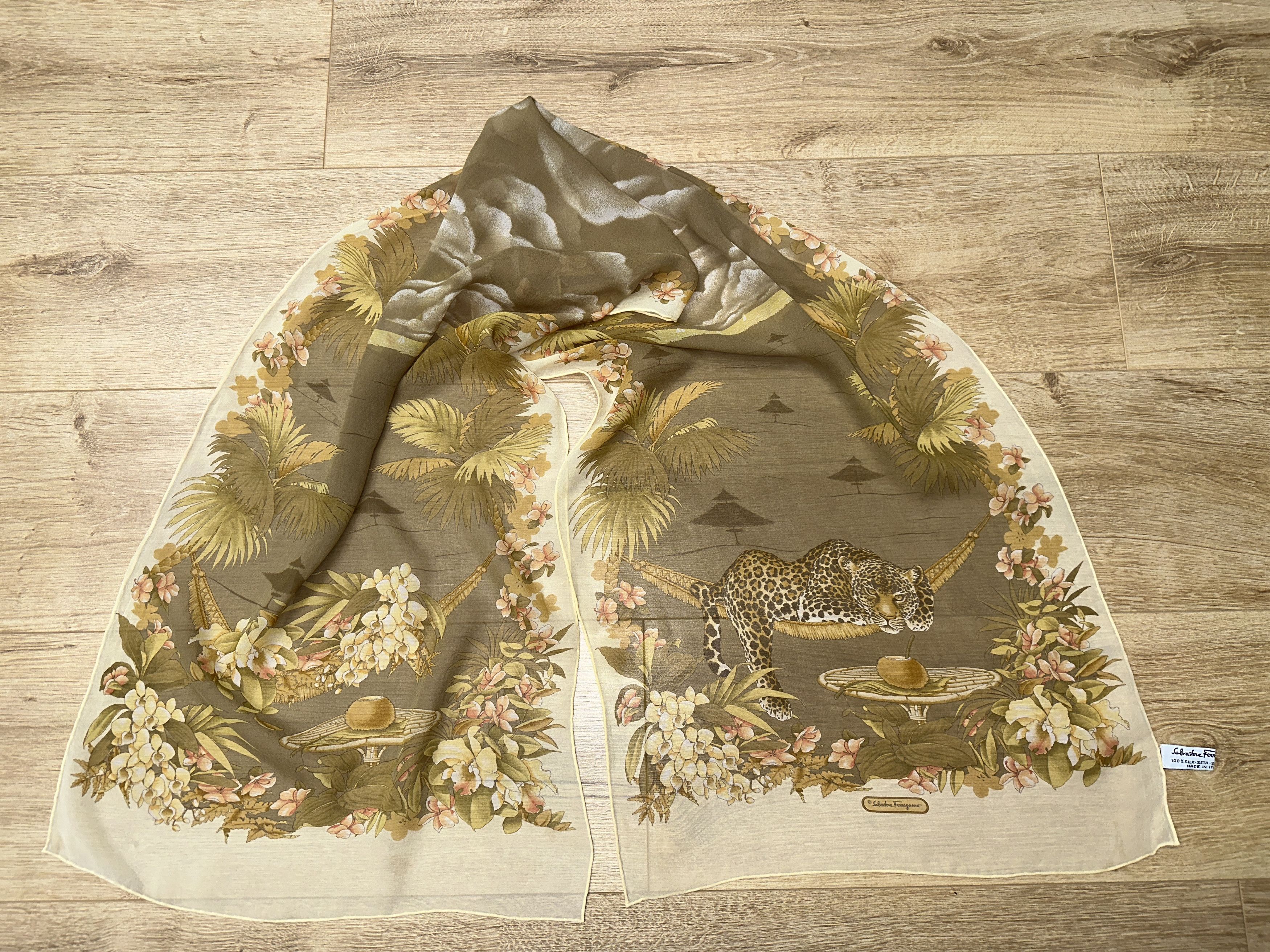 Salvatore Ferragamo Salvatore Ferragamo Leopard Tropical Resort 100% Silk Scarf Size ONE SIZE - 8 Thumbnail