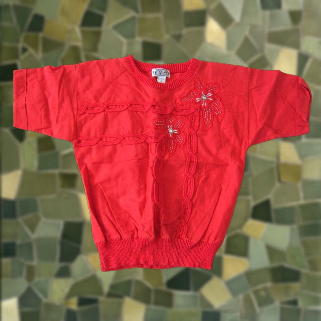 4SDESIGNS Vintage P' Galli Designs Blouse Short Sleeve Women S-M Red Cotton Beaded Embroidered Tunic Size S / US 4 / IT 40 - 1 Thumbnail