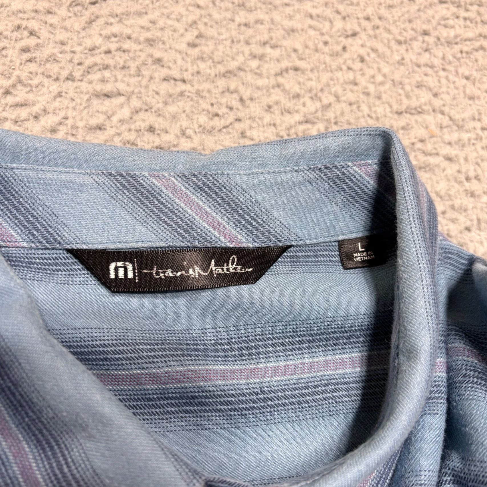 TravisMathew Travis Mathew Shirt Mens L Blue Striped Cotton Blend Long Sleeve Button-Up Casual Classic Preppy Fall Winter Sports Size US L / EU 52-54 / 3 - 3 Thumbnail
