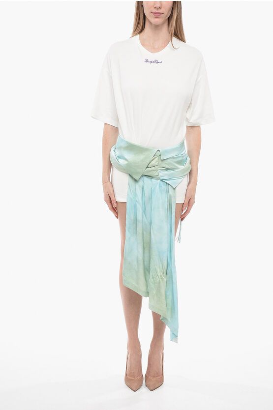 image of Off White Short Sleeved Dress With Embroidery And Draping in Light Blue, Women's (Size Small)