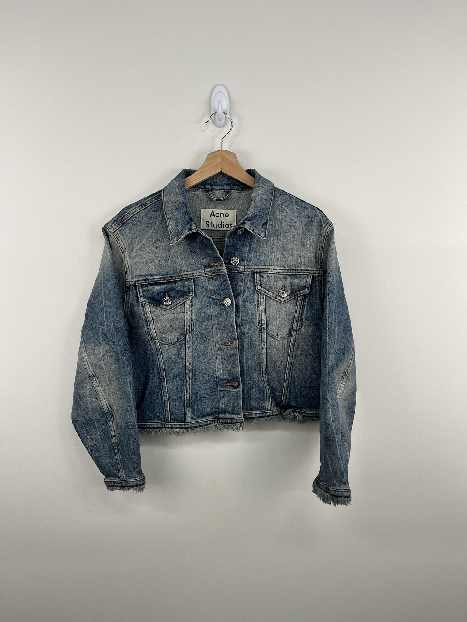 image of Acne Studios Distressed Cropped Denim Jacket in Blue, Men's (Size XS)