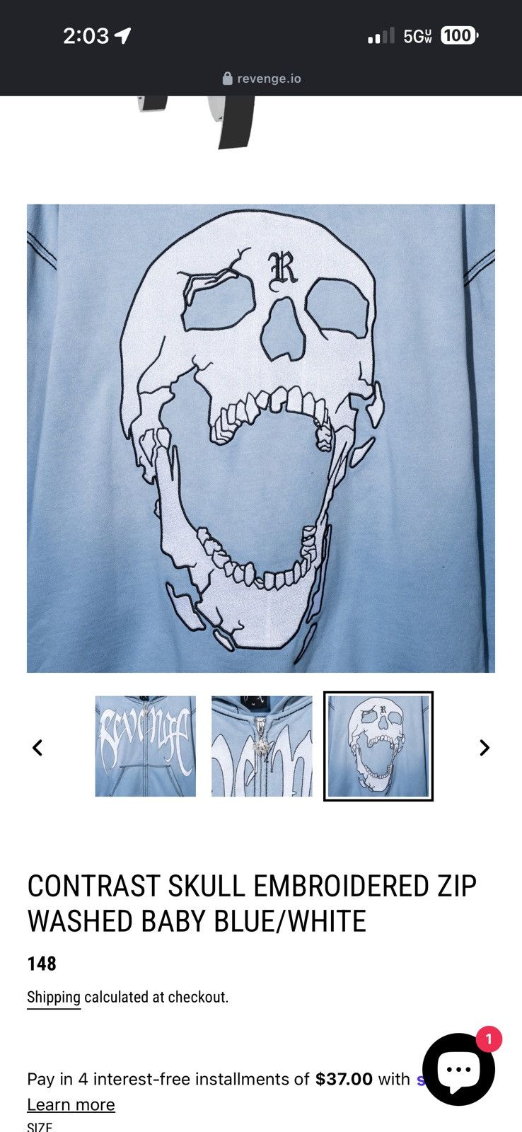 Revenge Revenge Contrast Skull Embroidered Zip Washed Baby Blue Size US L / EU 52-54 / 3 - 5 Thumbnail