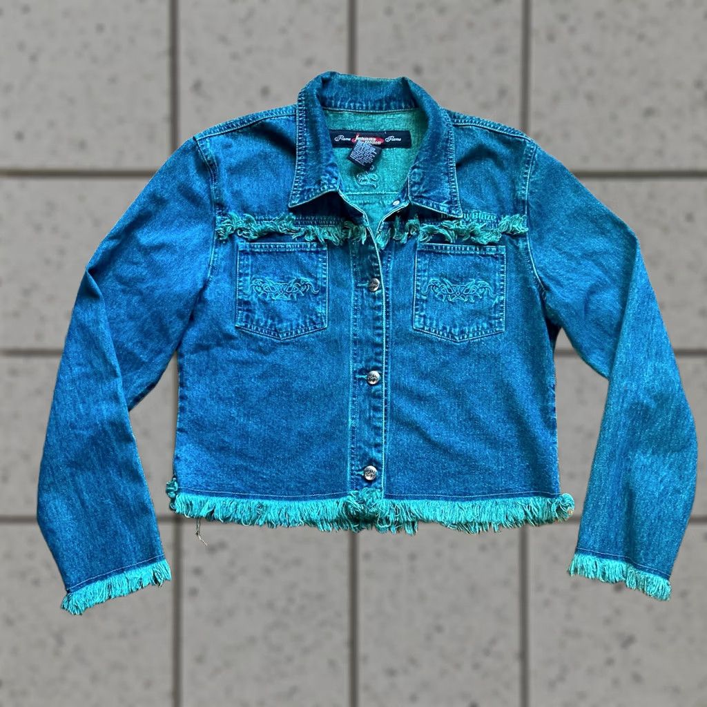 Denime VINTAGE Johnny Blaze Denim Jacket Womens Large Trucker Blue 90s Biker Casual Cotton Embroidered Logo Button Short Sleeve Size L / US 10 / IT 46 - 1 Thumbnail
