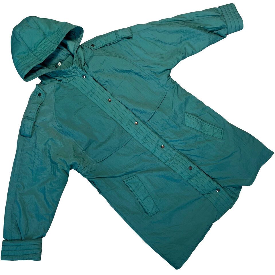 Image of Vintage Sundazed (Germany) Nylon Epaulette Insulated Rain Coat Aqua in Green, Women's (Size Small)