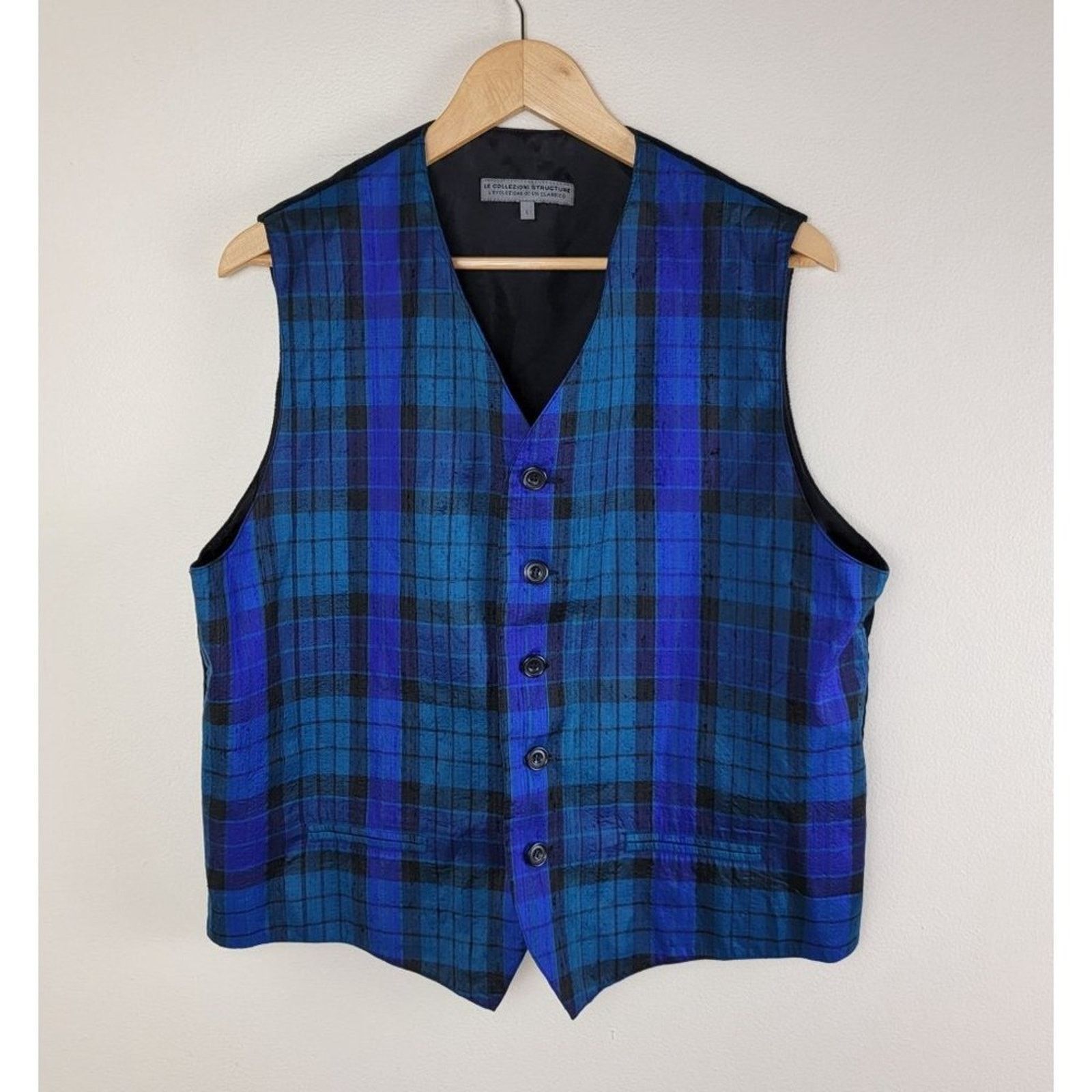 Vintage Le Collezioni Structure Plaid Silk Vest size L Blue Italy Size 40R - 3 Thumbnail