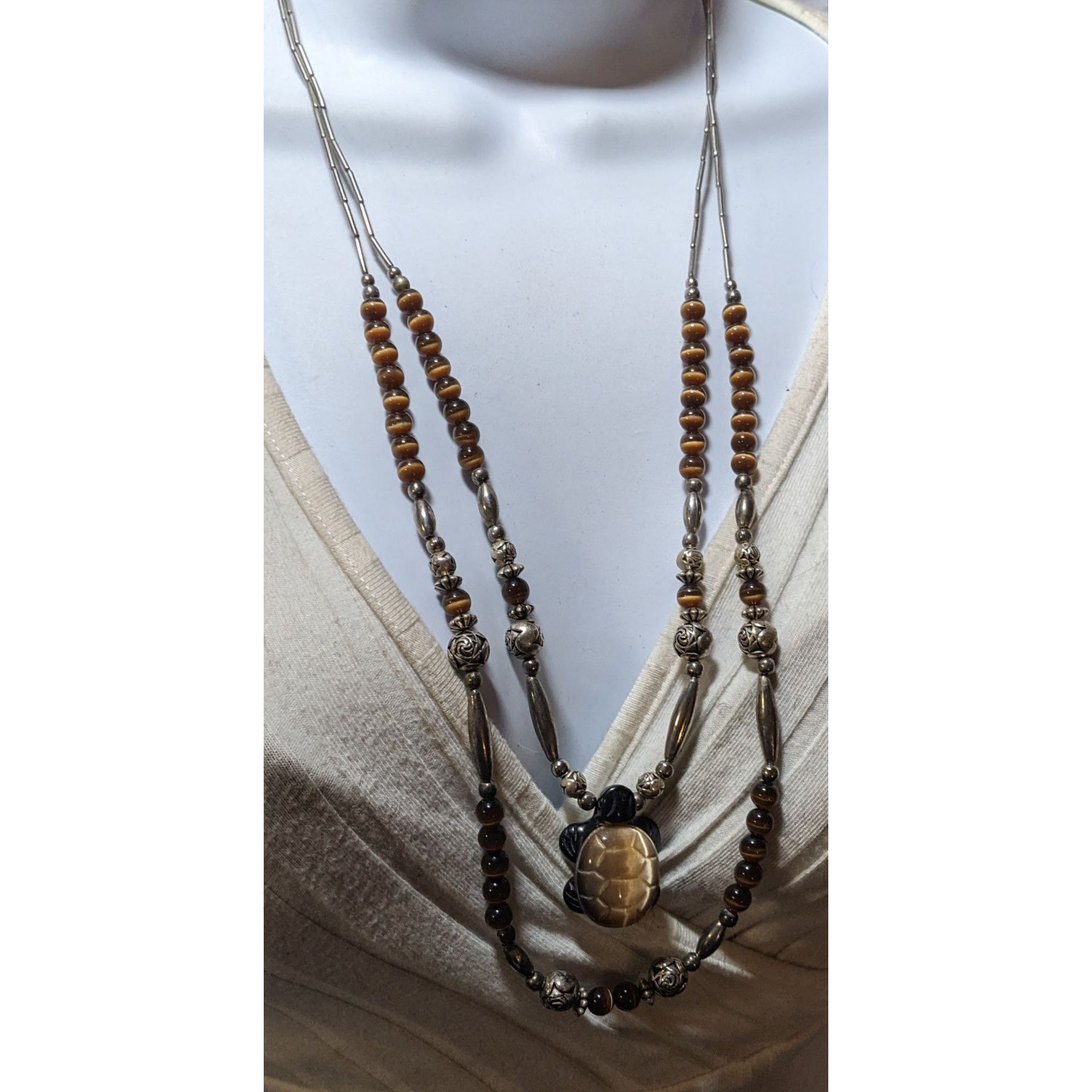 Other Vintage Liquid Silver Brown Cateye Beaded Multilayer Carved Size ONE SIZE - 9 Thumbnail