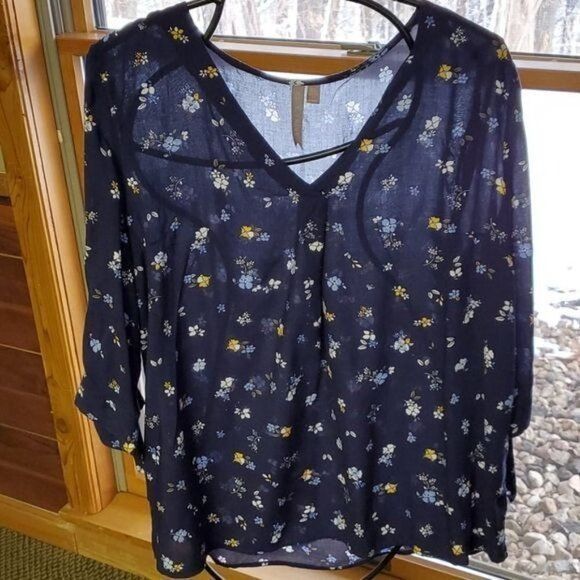 Vintage Brina & Em Sz. XL Blue Patterned Floral Vneck Button Down Tu Size XL / US 12-14 / IT 48-50 - 2 Thumbnail