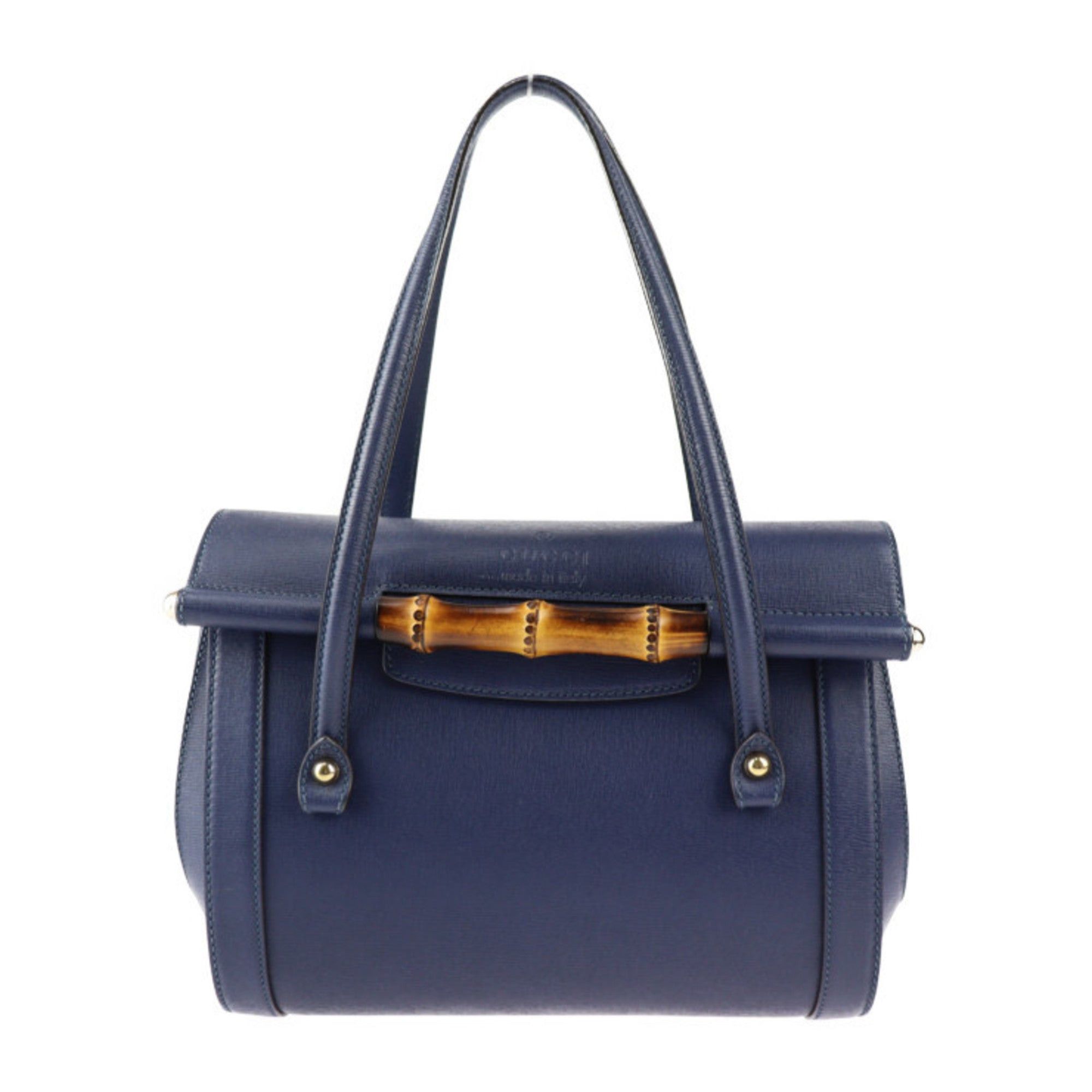 image of Gucci Bamboo Handbag 338989 Leather Navy Gold Hardware Shoulder Bag in Blue, Women's