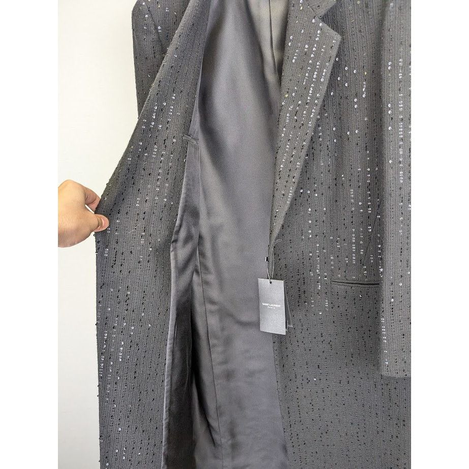 Saint Laurent Paris o1rshd1 Tweed Rayure Long Coat in Noir Brilliant Size US M / EU 48-50 / 2 - 11 Thumbnail