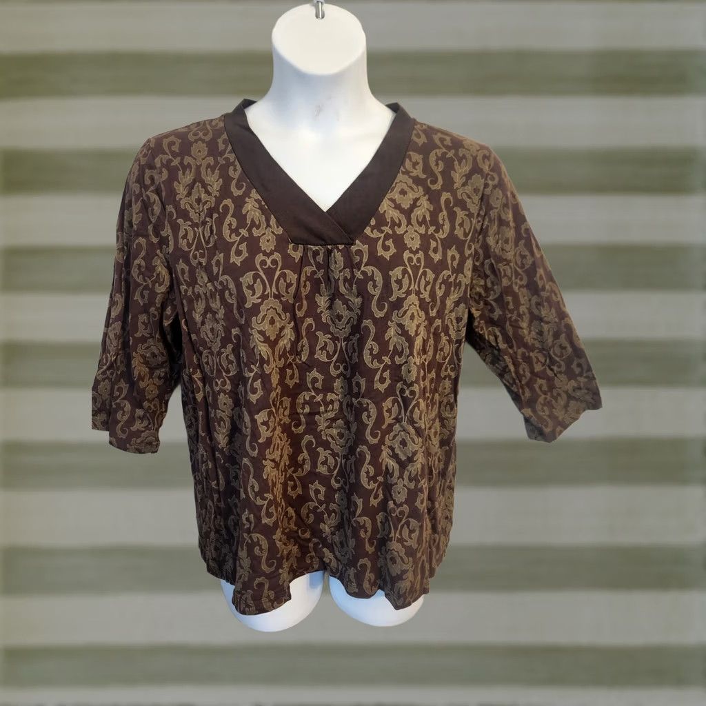 Vintage Sonoma Brown Damsk Print 3/4 Sleeve V Neck Top Shirt 1X Plus Women Size XL / US 12-14 / IT 48-50 - 1 Thumbnail