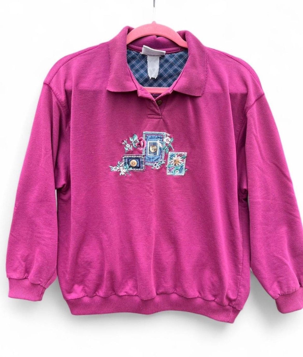 Jantzen Vintage 90s Magenta Collared Sweatshirt w Embroidered Floral Size L / US 10 / IT 46 - 4 Thumbnail