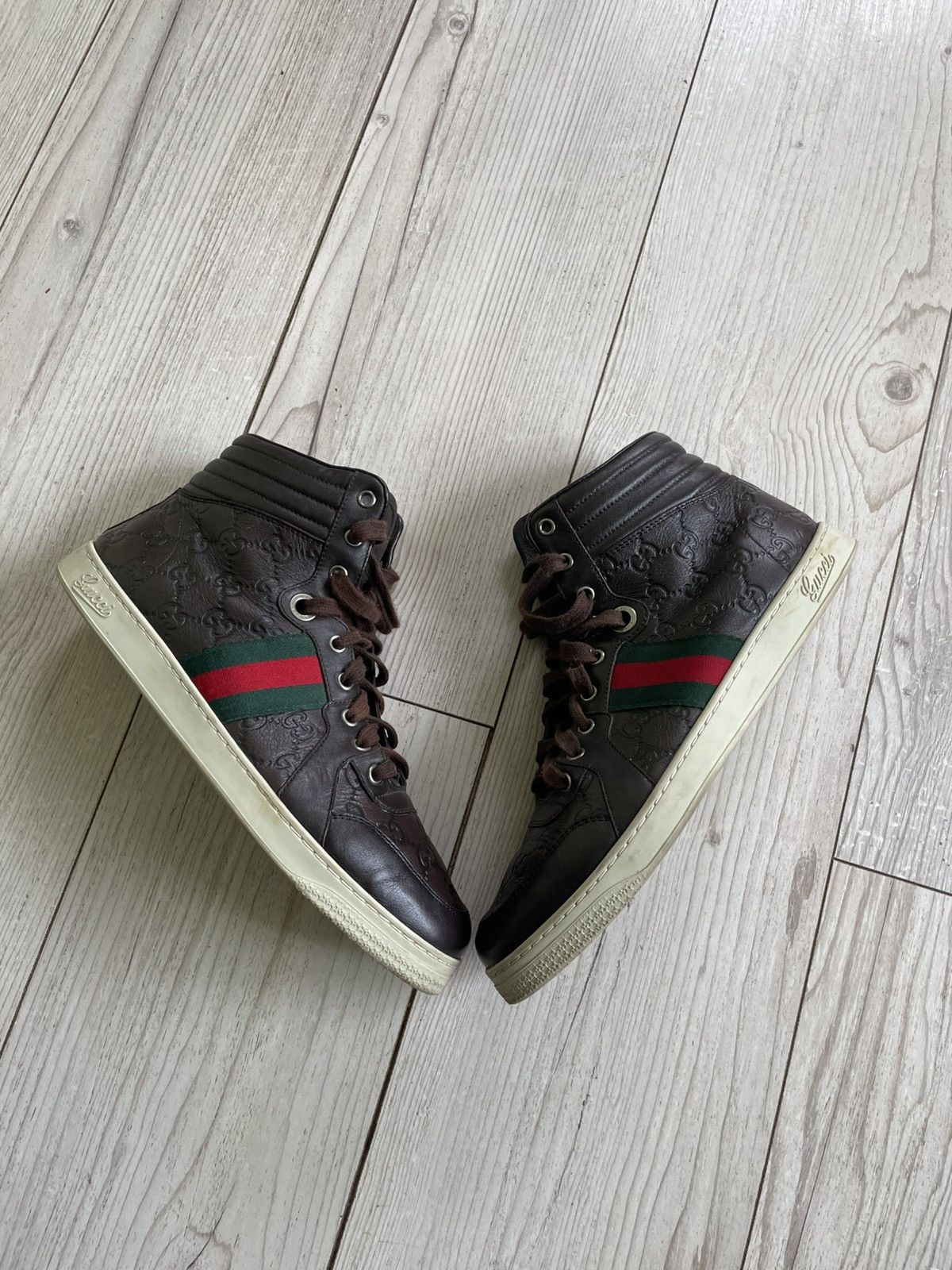 Gucci GUCCI Sneakers Hi-Top Leather Web Guccisima GG Monogram Size US 8 / EU 41 - 12 Thumbnail