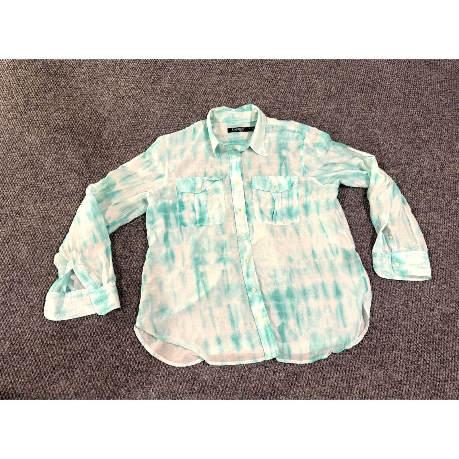 Ralph Lauren Lauren Ralph Lauren Blouse Womens Petite Large Green White Sheer Button Up Silk Cotton Knit Casual Shirt Size L / US 10 / IT 46 - 2 Thumbnail